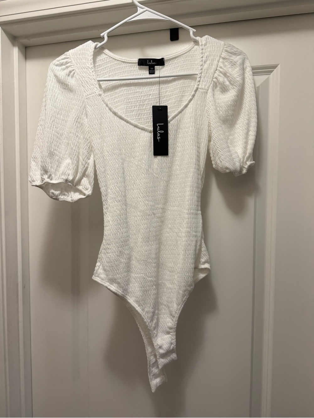 Lulu's White Puff Sleeve Ribbed Square Neck Bodysuit